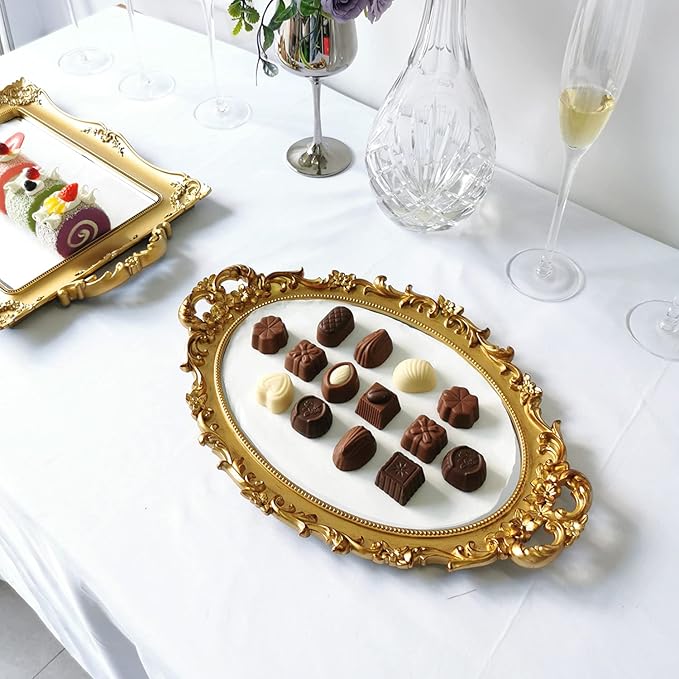 Oval Decorative Mirror Tray, French Style Flower Frame, Makeup Organizer, Jewelry Organizer, Serving Tray, 9.8"x 14.6", Gold