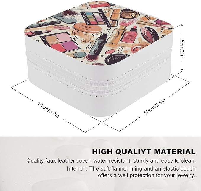 Makeup Theme Pattern Jewelry Organizer for Women, Removable Rings Tray, PU Leather Portable Jewelry Box with Zipper, Necklace Storage Case, Large Earring Holder