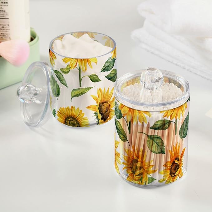 2 Pack Qtip Holder Dispenser for Cotton Ball Yellow Sunflower Cotton Swab Cotton Round Pads Clear Plastic Acrylic Jar Set Bathroom Canister