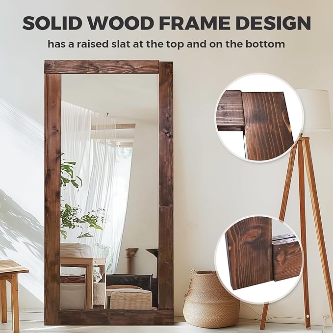 Full Length Mirror 71"x32" – Solid Wood Frame, HD Tempered Glass, Wall Mounted & Leaning, Rustic Modern Decor for Bedroom, Living Room, Entryway, Brown