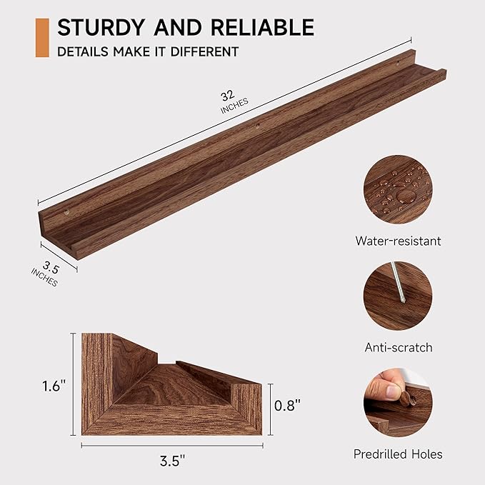 Fun Memories Picture Ledge Shelf, 32 Inch Floating Shelves Set of 2, Large Nursery Book Shelves for Toys Storage, Kids Bookshelf Wall Mounted for Wall Decor Books Photo Frames, Walnut
