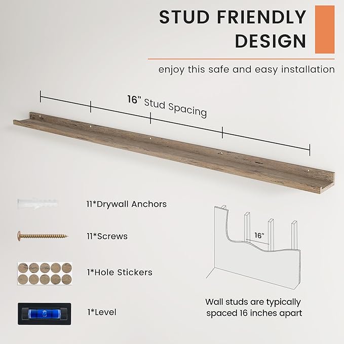 FLYJOE Picture Ledge Shelf, Floating Shelves Set of 2, 72 Inches Long Large Nursery Book Shelves for Toys Storage, Kids Bookshelf Wall Mounted for Living Room Bedroom Decor Books Photo Frames,Grey