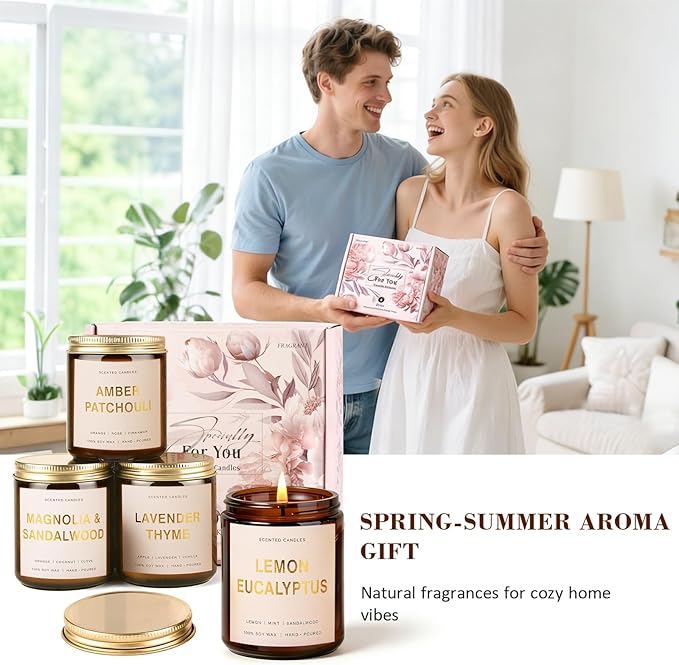 Candles for Home Scented, 4 Pack Soy Candle Non Toxic, Spring Scented Candles with Lavender Thyme, Magnolia & Sandalwood, Amber Patchouli, Lemon Eucalyptus - Candle Gifts Set for Women & Mothers Day