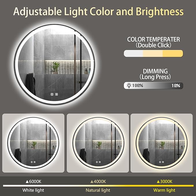Itrue 36 Inch LED Bathroom Round Mirror, Black Metal Frame, Adjustable Color Temp & Brightness,Anti-Fog,Shatter-Proof Tempered Vanity Mirror for Wall