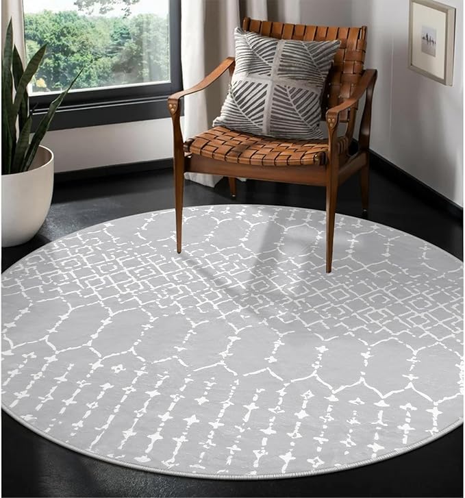 Lahome Moroccan Round Washable Rug 3Ft Small Circle Soft Non-Slip Grey Bathroom Rug, Stain Resistant Low Pile Entryway, Modern Geometric Print Indoor for Kitchen Sofa Doorway Hana