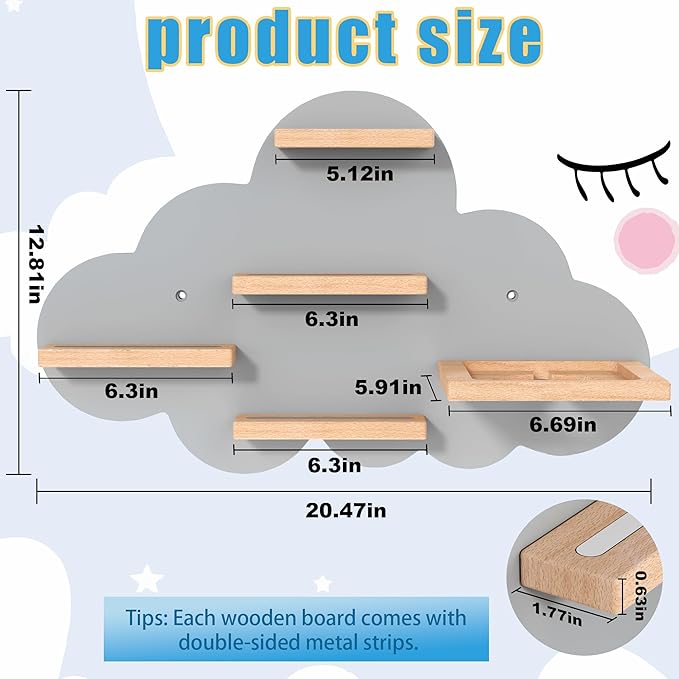 Grey Cloud Tonie Shelf Wall Mounted, Magnetic Floating Shelves for Toniebox, Tonies Characters, Wooden Tonie Storage Shelf for Kids Room