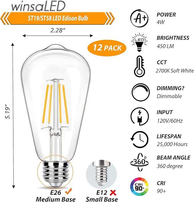 12 Pack Dimmable LED Light Bulbs 40 Watt Equivalent, ST19 Vintage E26 Edison Bulbs, 2700K Soft Warm White 4W LED Bulbs, Antique Filament Decorative Light Bulbs for Light Fixtures