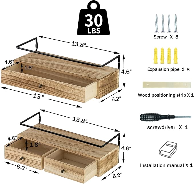 DreamPossible Floating Shelves - Wall Mounted Bathroom Shelf Set of 2 with Drawers, Rustic Wood Shelves for Bedroom, Living Room, Kitchen, Wall Decor, Plants, Books (Brown)