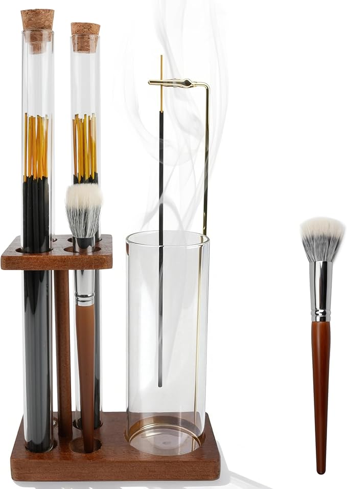 2 in 1 Incense Holder for Sticks Wooden Incense Burner with Glass Ash Catcher Three Incense Sticks Storage Tubes and Brush for Meditation Yoga Spa Home Decor