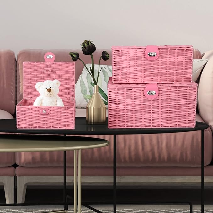 Honygebia Pink Wicker Storage Baskets - Set of 3 Decorative Nesting Boxes with Lids, Woven Basket with Lock & Handle, Organizer for Beauty Makeup Bathroom Decor