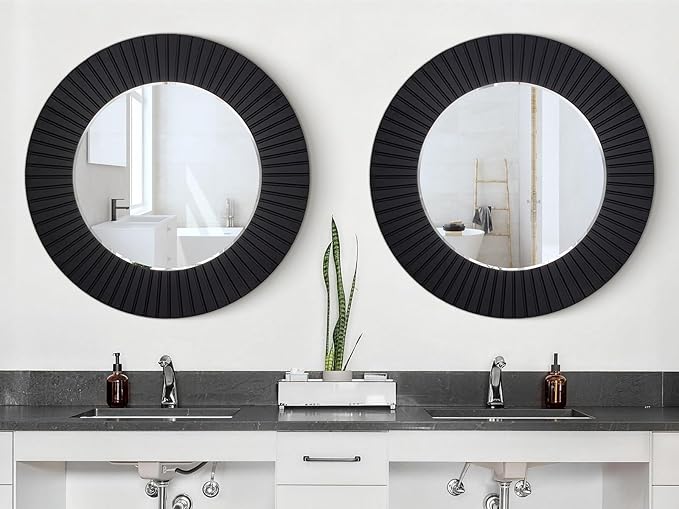 Chende 36'' Black Circle Mirror for Bathroom, Large Round Mirror with Wood Frame, Elegant Accent Rustic Black Mirrors for Living Room, Dining Room, Bedroom, Entryway
