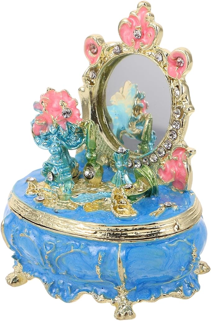 POPETPOP Enamel Jewelry Trinket Box Hand-painted Metal Decorative Storage Case with Hinged Lid Blue for Dressing Table Makeup Room Organizer