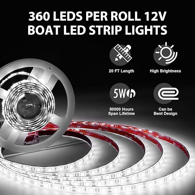 20ft LED Strip Lights 12V Waterproof, Marine LED Lights Ideals as Under Gunnel, Deck, Boat Interior Lights for Kayak, Jon Boats and Fishing Boats (White)