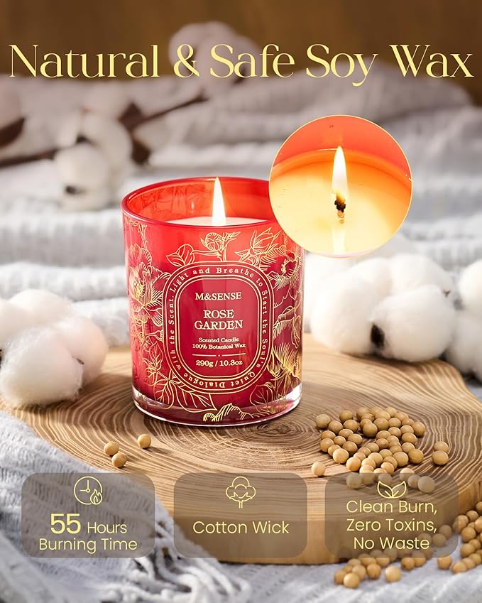 M&SENSE Rose Garden Scented Candle, Toxin-Free Soy Wax Clean Burn, 55 Hours Long Burning 10.3oz, Romantic Stress Relief Aromatherapy Candles, Home Fragrance Decor Gifts for Women