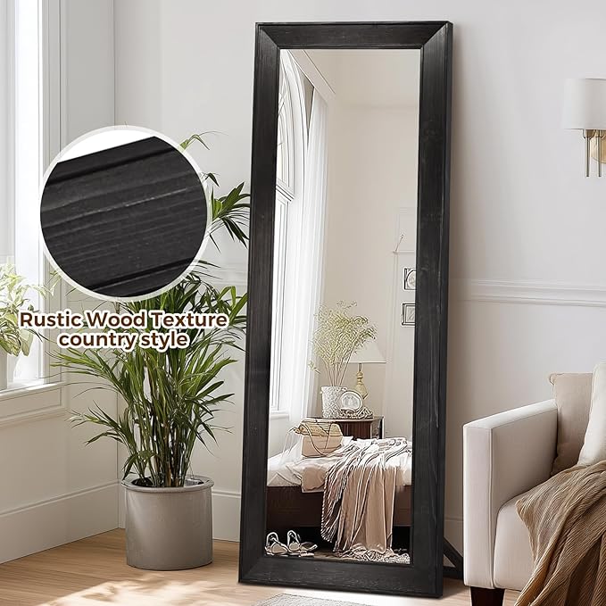 Full Length Mirror 65"x22" - Beveled Edge Rustic Black Dressing Mirror, Solid Wood Frame, Wall Mounted or Standing for Bedroom, Entryway, Living Room