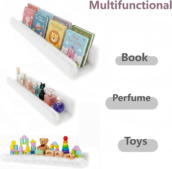 1PC Plush Bookshelf for Kids, Soft Hanging Book Display Shelf for Nursery Wall, Easy Mount Floating Bookshelf Display Organizer, Unique (White)