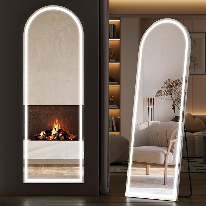 Sweetcrispy Arched Full Length Mirror with LED Lights, 63"x21" Lighted Floor Mirror with Dimming & 3 Color Lighting, Stand for Bedroom, Dressing Room
