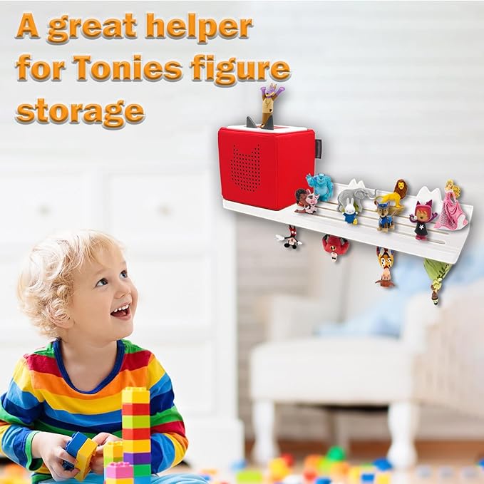 Tonie Shelf - Wooden Shelf for Tonies Storage, Floating Shelves for Tonie Organizer, Magnetic Tonie Shelf for Wall to Display Toniebox & Characters (Average White)