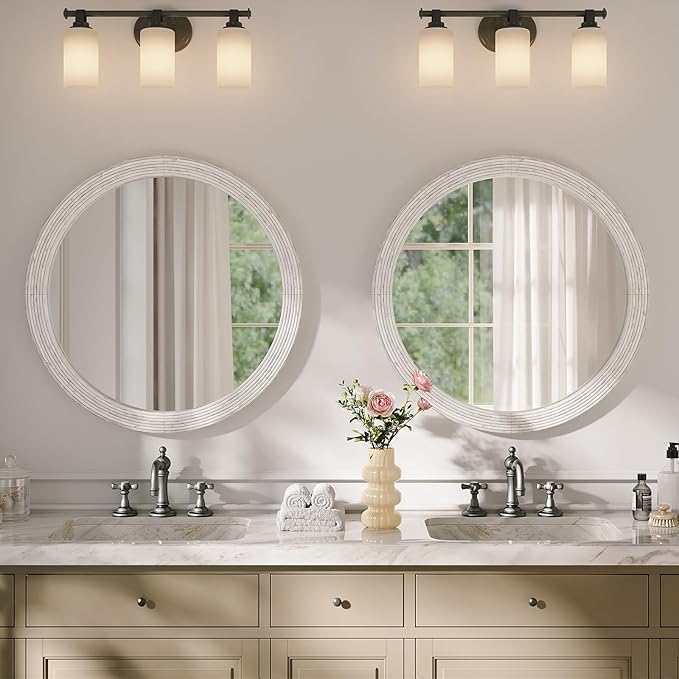 ULIKE Round Rustic Mirror for Bathroom, Farmhouse Mirror with Wood Frame, 30x30 Inch White Vanity Mirrors for Wall Decor of Bedroom or Living Room