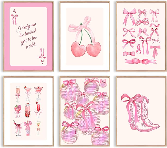 Uniro Coquette Room Decor Pink, Trendy Bows Wall Art Posters for Girls Dorm Bedroom Decor, Cute Coquette Posters, Coquette Wall Decor, Preppy Room Decor Aesthetic, Girly Wall Art Prints Ball Cherry Bow Room Decor for Apartment Decor- 8x10Inch|UNFRAMED
