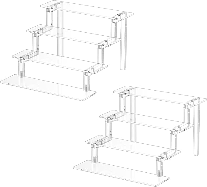 WINKINE Acrylic Display Riser, Perfume Stand Organizer, 4 Tier Clear Display Risers Compatible with Funko POP Amiibo Figure, Cupcake Dessert Stand Cologne Organizer for Cabinet Countertop, 2 Pack