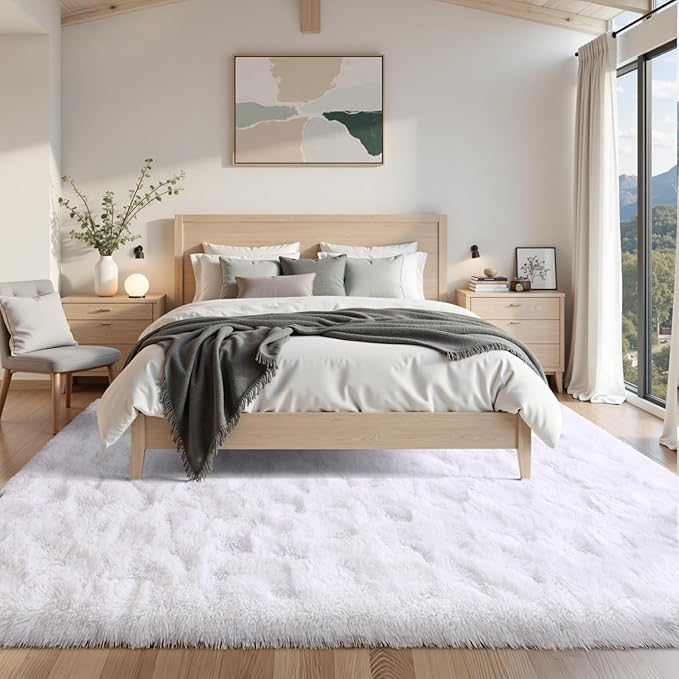 9x12 ft Fluffy White Rugs for Living Room Soft Fuzzy Bedroom Area Rug Non-Slip Shaggy Carpet for Nursery Kids PlayRoom Dorm Office Indoor Modern Plush Carpet Teens