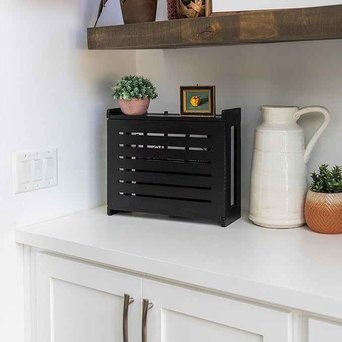 Wooden WiFi Router Storage Box - Standard Wall Mountable Decorative Modem Shelf Hider Cover with Cable Management System - Rustic Home Organization Solution for Most Routers Up to 11" Tall - Black