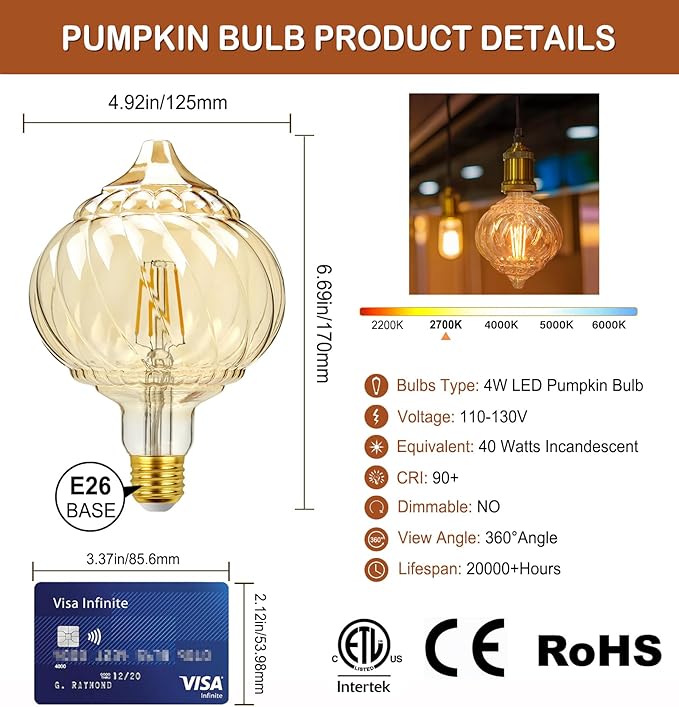 40 Watt Decorative Vintage LED Light Bulbs, Golden Pumpkin 4W LED Filament Edison Bulb,2700K Oversized Warm Lights,Non-Dimmable E26 Lamp Base,1-Pack