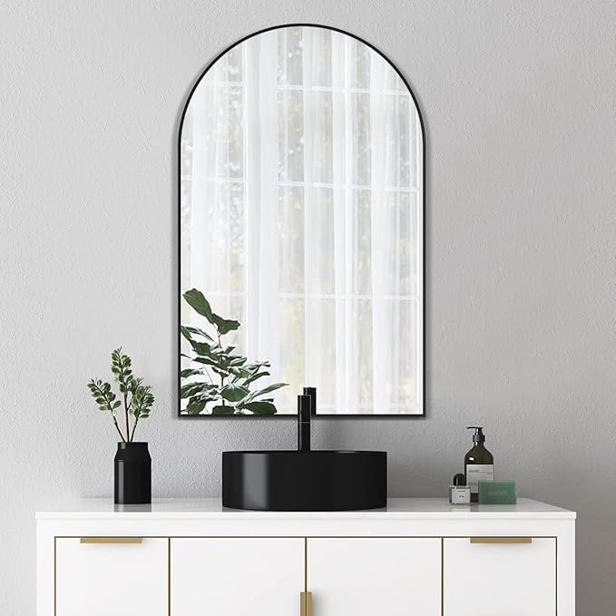 Arched Wall Mirror, Black Decorative Hanging Mirror, 36"x24" Vanity Mirror Brushed Aluminum Alloy Frame for Bathroom, Bedroom, Living Room, Entryway, Hang Vertical or Horizontal