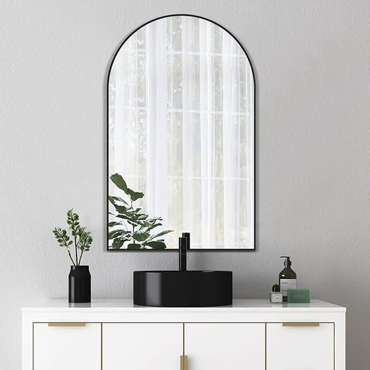 Arched Wall Mirror, Black Decorative Hanging Mirror, 36"x24" Vanity Mirror Brushed Aluminum Alloy Frame for Bathroom, Bedroom, Living Room, Entryway, Hang Vertical or Horizontal