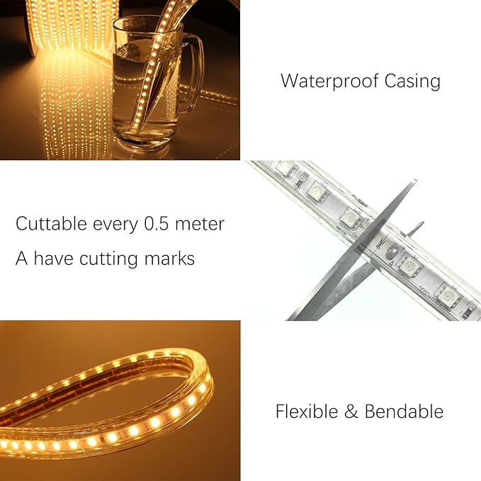 5050-60 Type AC 110-120V RGB LED Strip Lights, Flexible/Waterproof/Dimmable/Multi-Colors/Multi-Modes LED Rope Light + 24 Keys Remote for Home/Garden/Building Decoration (131.2ft/40m, RGB)