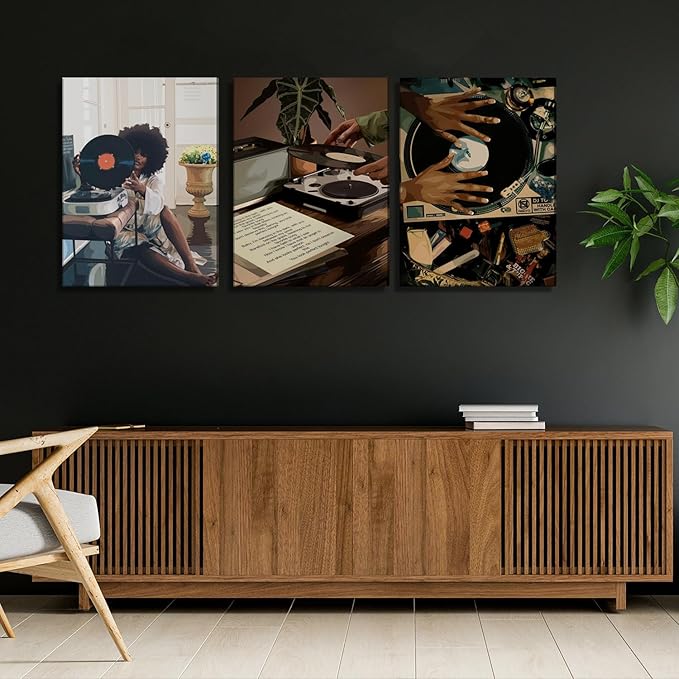 YFvrPt Black Girl Wall Art Decor Modern Black Woman Painting Prints, Set of 3 African American Music Record Player Poster Canvas Artwork for Bedroom Living Room 16x24 inch Framed