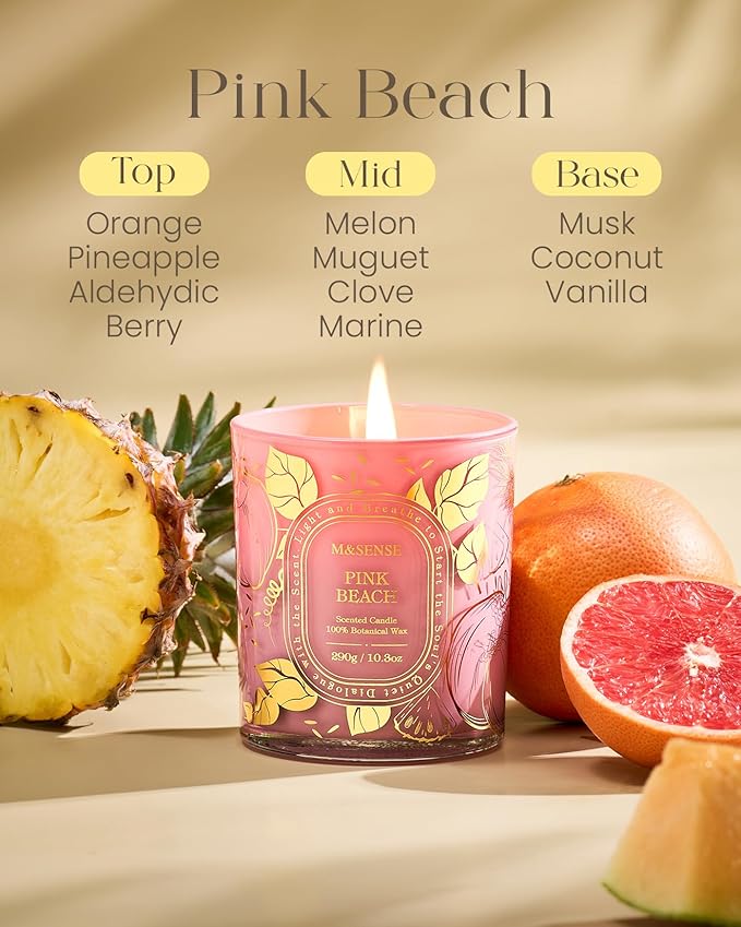 M&SENSE Pink Beach Scented Candle, Natural Soy Candle, Clean Burn Non Toxic, 55 Hours Long Burning 10.3oz, Romantic Dating Home Fragrance Decor, Gifts for Women