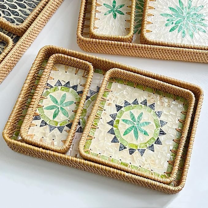 i-lan Set of 3 15" Rectangular Rattan and Mother of Pearl Serving Tray,Boho Rectangule Natural Rattan Woven Trays,Green Triangle Pattern Decorative for Entryway Kitchen Bathroom Counter