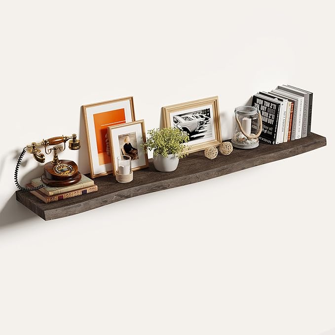 Vivelove Live Edge Floating Shelves 55 Inch Elm Wood, Rustic Farmhouse Wall Shelf with Invisible Bracket for Living Room Bedroom Bathroom Office Book, 55x8x1.4- Set of 1 - Dark Walnut