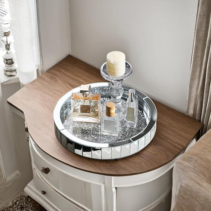 11” Rotating Makeup Perfume Organizer,Silver Glass Vanity Tray fits Dresser Bedroom,Round Perfume Display Holder,Crushed Diamond Home Decor,Gift Idea for Women