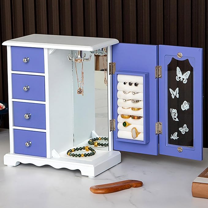 Wooden Jewelry Box, Solid Jewelry Organizer Makeup and Organizer Women Ring Storage with 4 Drawers, Wood Jewelry Case with Mirror for Necklaces Earring Rings, Purple
