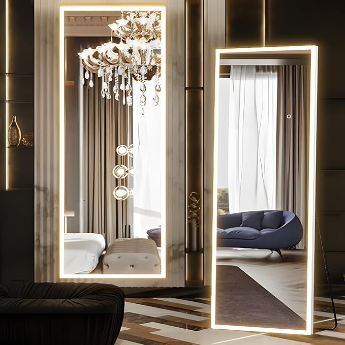 63x20 inches Full Length Mirror with Lights, Wall Mounted, 3 Color Lighting & Adjustable Brightness, Modern Home Decor for Bedroom, White