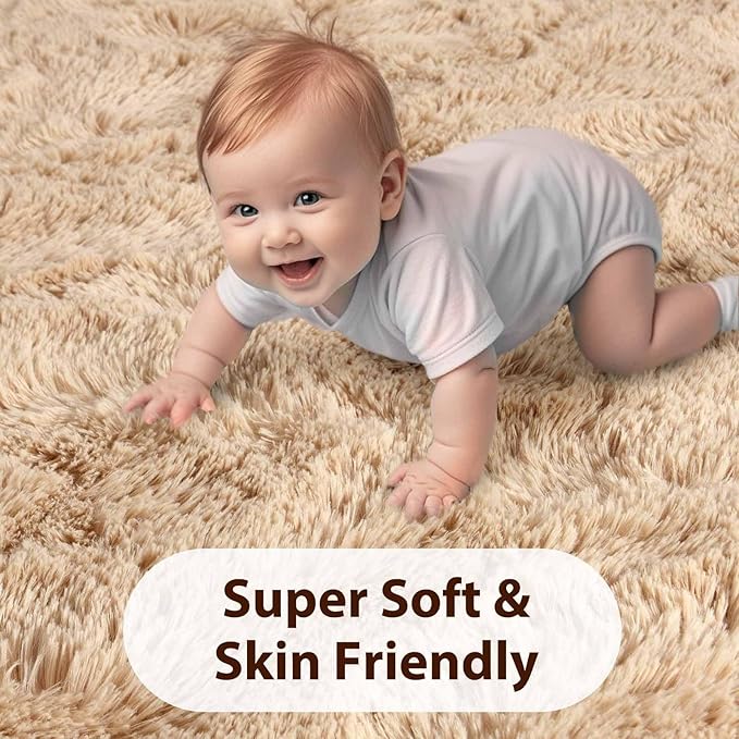 FinRèc Tan Rugs for Bedroom Living Room, 4x6 Feet Fluffy Plush Area Rug, Non-Slip High Pile Shaggy Rug for Kids Room Dorm Room Home Decor, Indoor Solid Shag Floor Carpet
