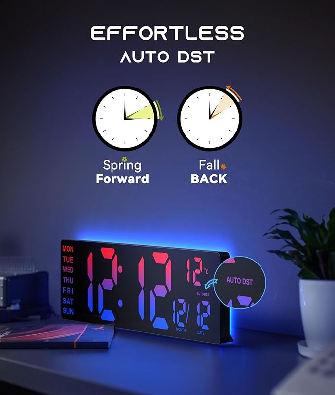 EASYERA 16.5" Large Digital Wall Clock with BT Sync, RGB Lights with 11 Scenes Mode Remote Control, Dual Alarms with Big LED Display, Auto DST, Temperature for Classroom Gaming
