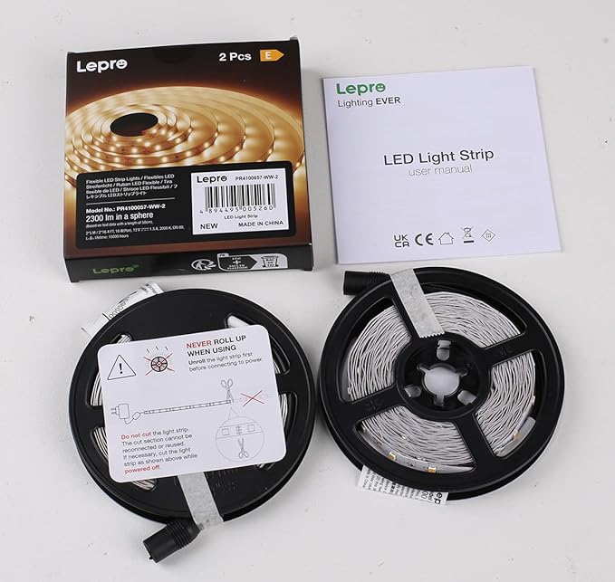 Lepro 12V LED Strip Light, Flexible, SMD 2835, 300 LEDs, 32.8ft Tape Light for Home, Kitchen, Party, Christmas and More, Non-Waterproof, Warm White, Pack of 2(Not Include Power Adapter)