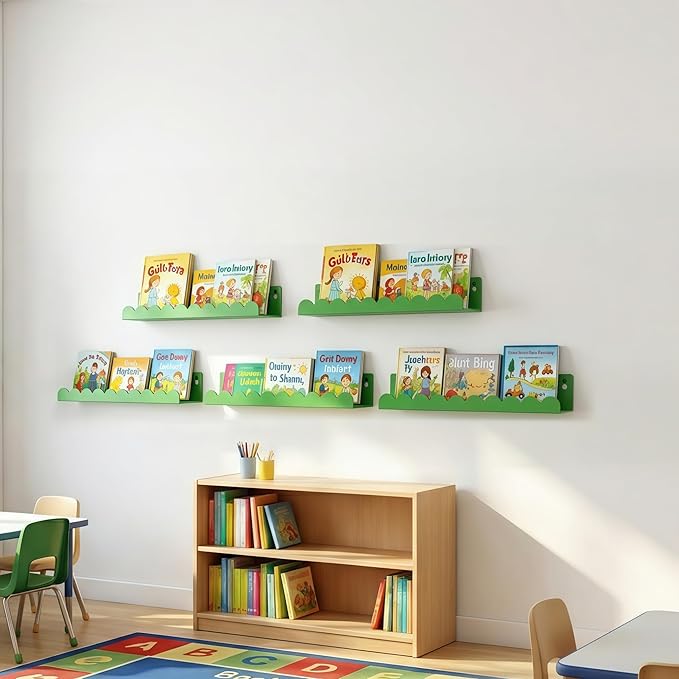 Nursery Book Shelves Set of 6, Green Metal Floating Shelves for Wall, 16 Inch Scalloped Book Shelf for Kids Room, Bathroom, Bedroom, Playroom Wall Decor & Storage