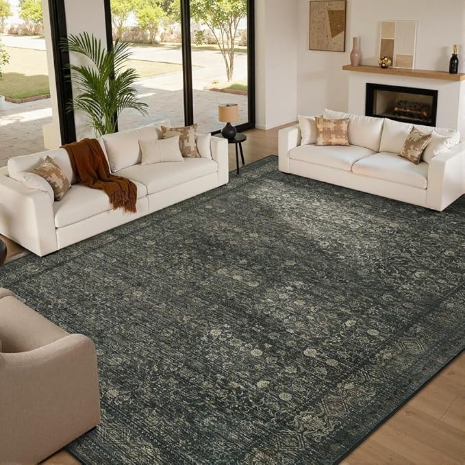 10x14 Washable Area Rug for Living Room, Extra Large,Green Vintage Floral Boho Rugs for Dining Room, Farmhouse, Durable Low Pile Non Slip Carpet for High Traffic Areas, Moss Brown