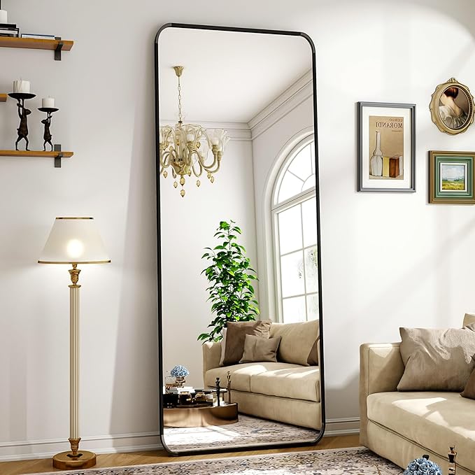 Black Full Length Mirror 21 x 56 Inch Nano Floor Mirrors with Stand Rounded Corner Full Body Mirrors with Aluminum Alloy Frame for Bedroom Living Room Checkroom