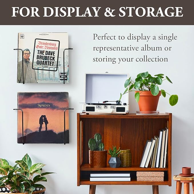 MyGift 2-Pack Vinyl Wall Mount Holder - Floating Record Shelf for Vinyl Display, Black Metal Record Wall Display Shelves