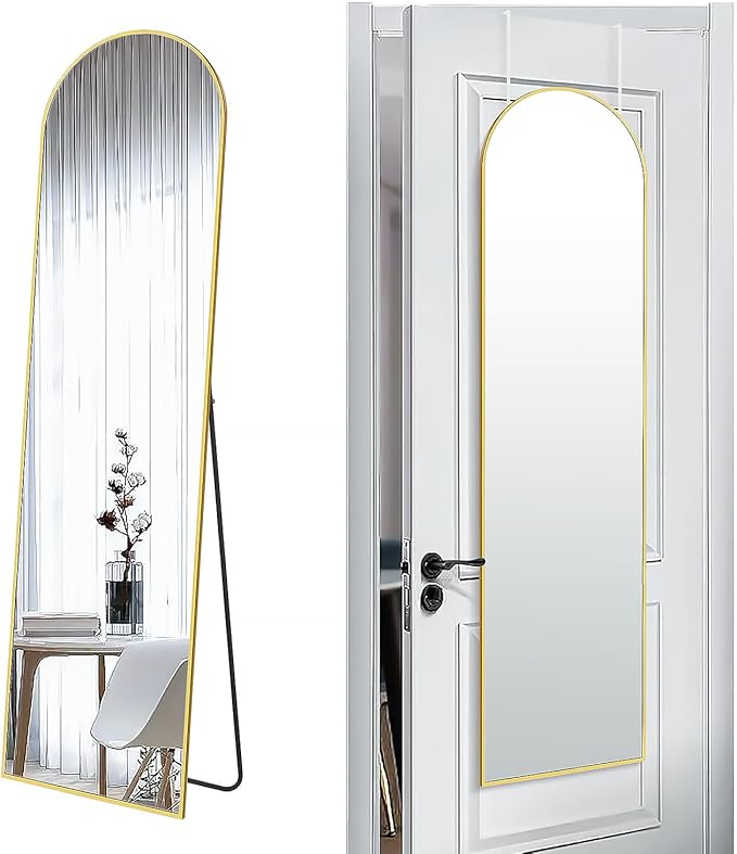 SCWF-GZ 57x16 Door Hanging Full Length Mirror, Floor Stand (Height 5.7ft just Body in1.3ft) / Wall Mounted Metal Frame Arch Dressing Mirrors for Bedroom Living Room 57 inch Gold