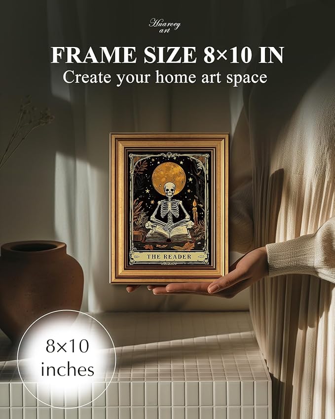 HUARCEY Gold Framed Canvas Wall Art, Skeleton Reader Tarot Picture Decor, Library Reading Room School Decor, Book Lover Witchy Gothic Halloween Canvas Paintings, 8x10inch
