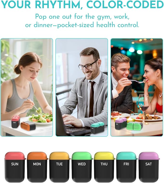 Weekly Pill Organizer 2 Times a Day, 7 Day Travel Medicine Pill Organizer with Moisture-Proof Silicone Lid, AM PM Daily Pill Box for Vitamins & Supplements, Aesthetics Pill Case(Rainbow)