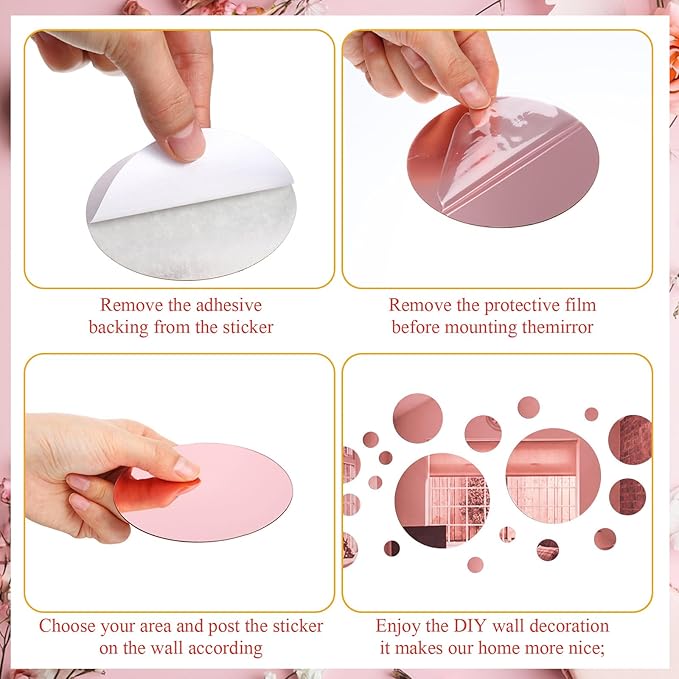 Shappy 32 Pcs Acrylic Mirror Wall Stickers Removable Round Wall Decal Circle Mirror Tiles for Home Bathroom Living Room Bedroom TV Background Decor (Pink,Medium Size)