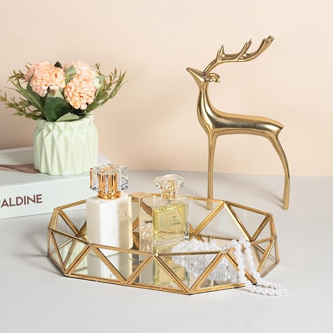 Feyarl Gold Glass Perfume Tray Mirror Vanity Jewelry Trinket Organizer Ornate Cosmetic Makeup Display Decorative Tray for Bathroom Home Decor Dresser Tabletop Countertop （11 x 8.26 x 1.96inch）